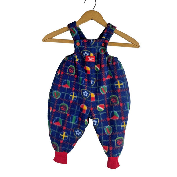 Vtg Oshkosh B'Gosh Baby Fleece Overalls Vestbak 12M Boy Girl USA Sports Print - Picture 1 of 6